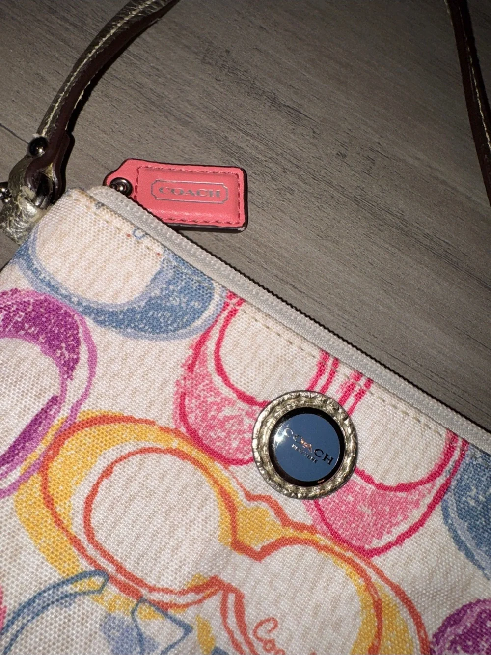 Coach Multicolor Signature Wristlet with Pink, Purple, Blue & Yellow Accents